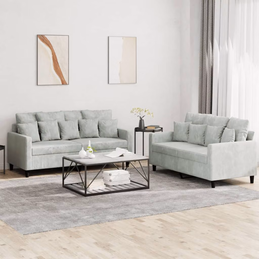 Set di 2 Divani vidaXL in Velluto Grigio con Cuscini per Soggiorno – 1