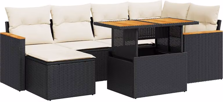 Set Divani da Giardino con Cuscini 7pz Nero Polyrattan Acacia