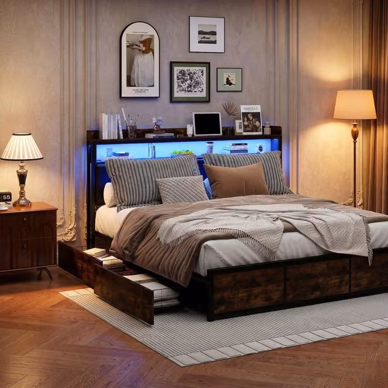 ProximaX Letto industriale 180x200 cm con illuminazione a LED e 4 cassetti, letto in metallo con effetto legno vintage