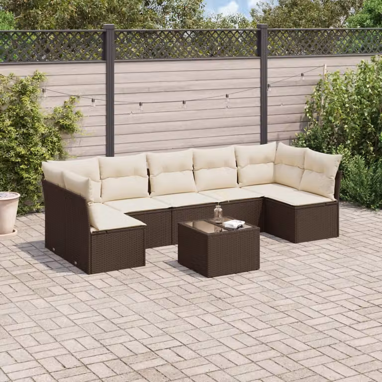 vidaXL Set Divani da Giardino 8 pz a Forma a L con Cuscini Marrone e Bianco in Polyrattan e Tavolino in Vetro