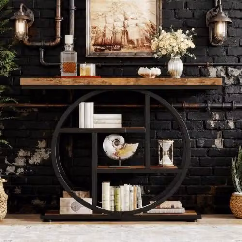 Consolle OKWISH in stile industrial con 4 ripiani sfalsati, piano in legno da 4 cm e struttura in metallo, ideale per ingresso, soggiorno o camera da letto, L 105 x P 30 x H 80 cm, nero e marrone – 1