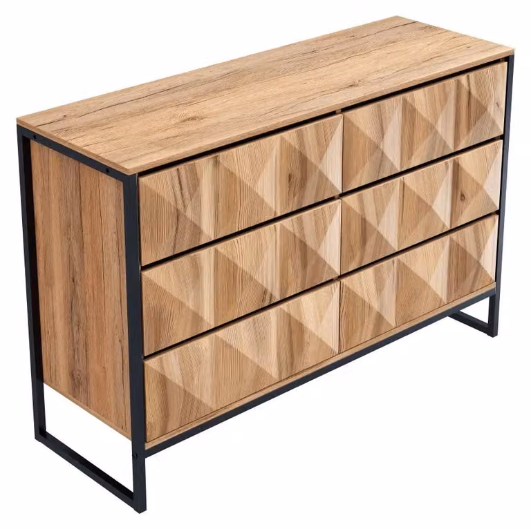 Mobile contenitore – Credenza con cassetti – Ante rialzate – Gambe in metallo – Materiale: MDF e pannelli di legno – Finitura: nero e effetto legno naturale
