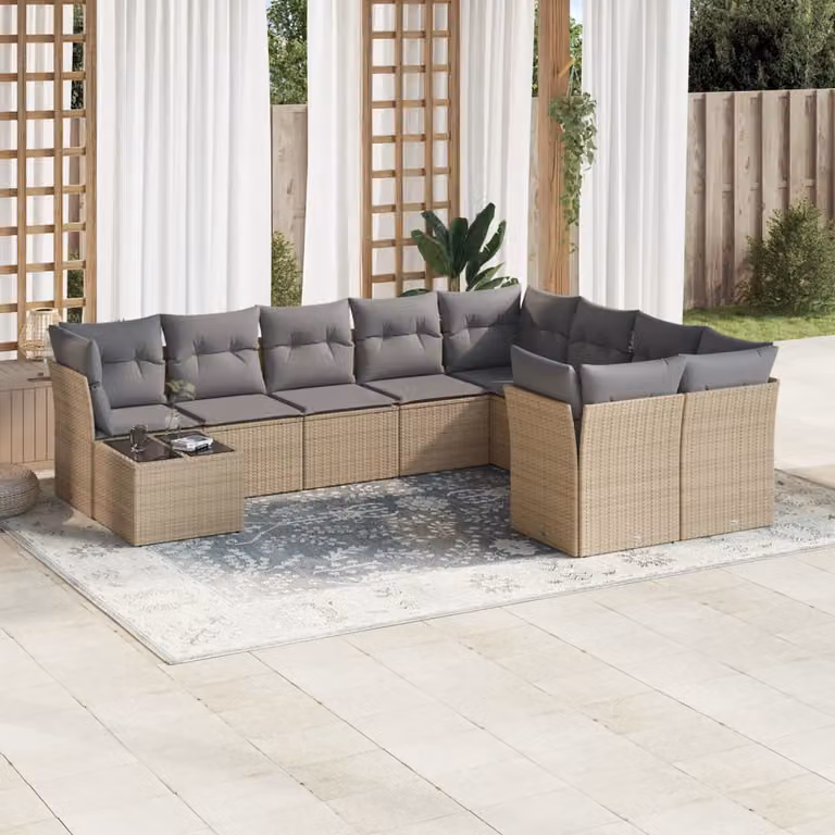 vidaXL Set Divano da Giardino 10 pz con Cuscini Beige e Tavolino in Polyrattan e Acciaio