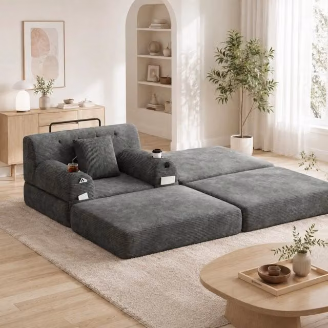 Poltrona letto convertibile MIVRAY in velluto a coste grigio scuro con schienale alto, tasche laterali e portabevande, L: 107,0 cm, P: 81,0 cm, H: 34,7 cm