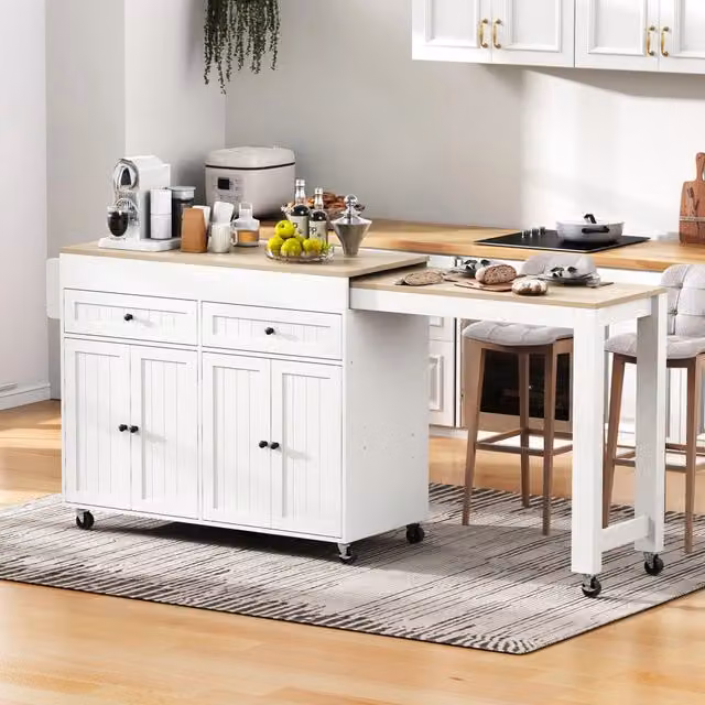 Isola da Cucina su Ruote con Piano Allungabile e Cassetti ¨C MINIMAL ¨C Bianco/Naturale