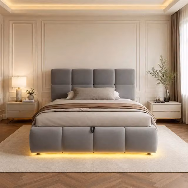 Letto imbottito 90x200 cm con contenitore idraulico; LED e rivestimento in velluto grigio