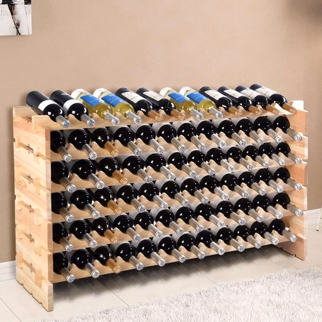 Scaffale modulare impilabile in legno di pino marrone per 72 bottiglie di vino con 6 ripiani – 2