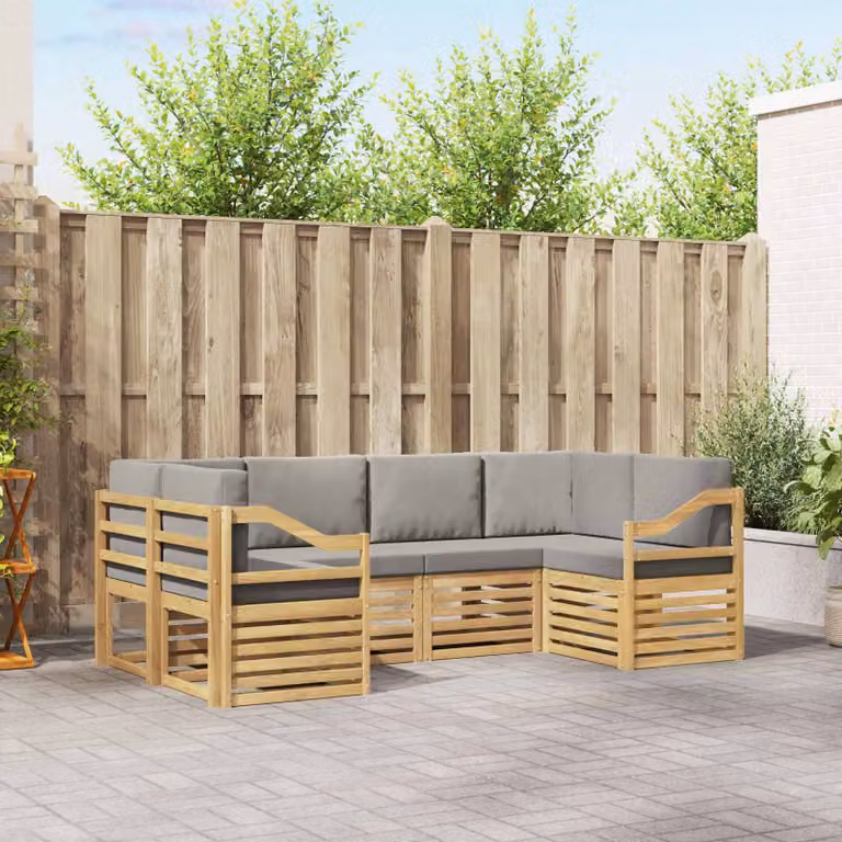 Set di divani da esterno a L vidaXL in legno di acacia con 6 posti, Bianco, Grigio e Marrone