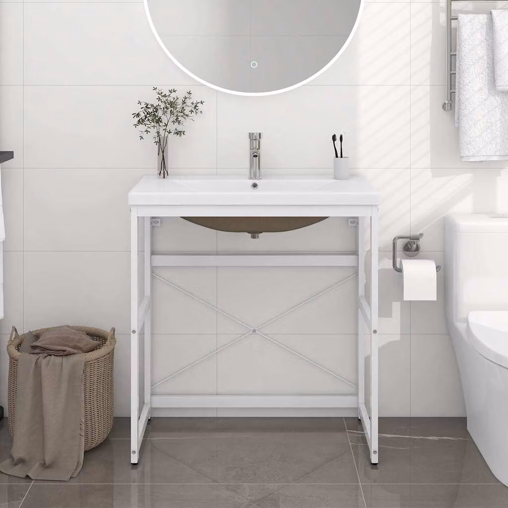 vidaXL Telaio per Lavabo da Bagno con Lavabo Integrato in Ceramica e Metallo Verniciato Bianco L: 79 cm, P: 38 cm, H: 83 cm