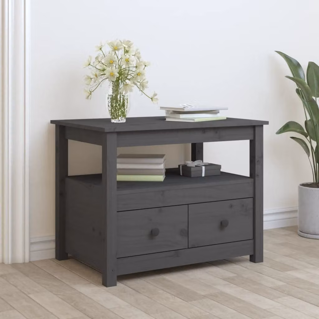 The Living Store Tavolino grigio 71x49x55 cm in legno di pino massiccio