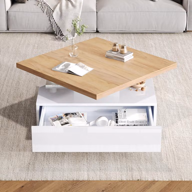Tavolino da divano 70x70x36 cm in pannello di particelle rivestito in bianco e noce, forma quadrata, piano girevole a 360°, con cassetto e vano aperto per la conservazione
