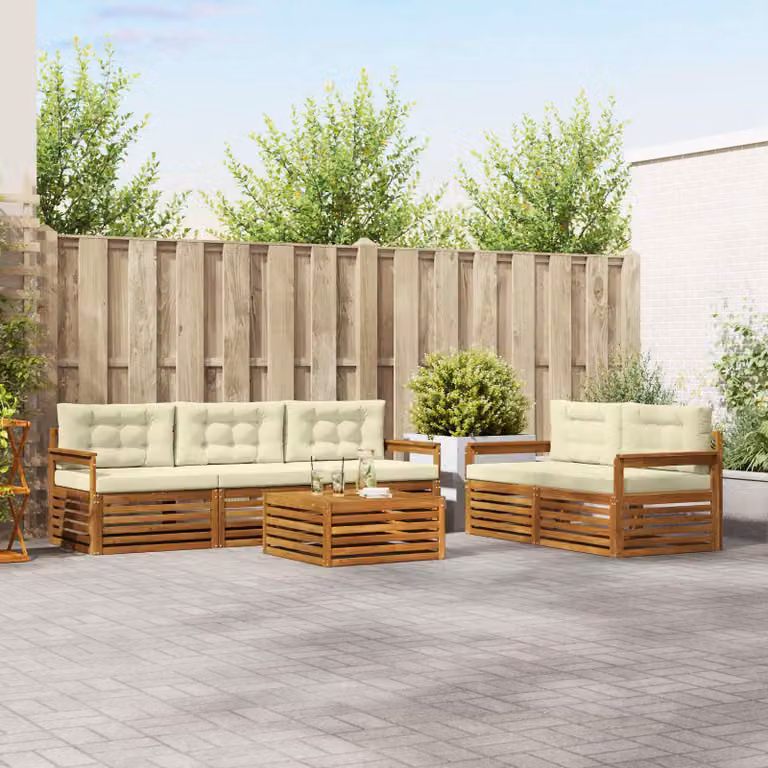 Set di divani da esterno vidaXL a forma di L con tavolo da caffè, 6 pezzi, in legno di acacia e tessuto beige e bianco