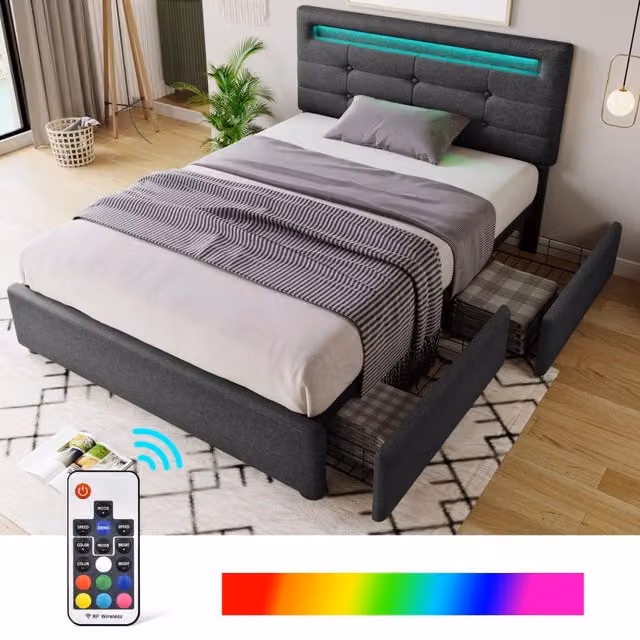 Letto singolo OKWISH imbottito in tessuto grigio con cassetti e illuminazione LED sotto il letto, L/P/H: 90 x 200 x 208 cm