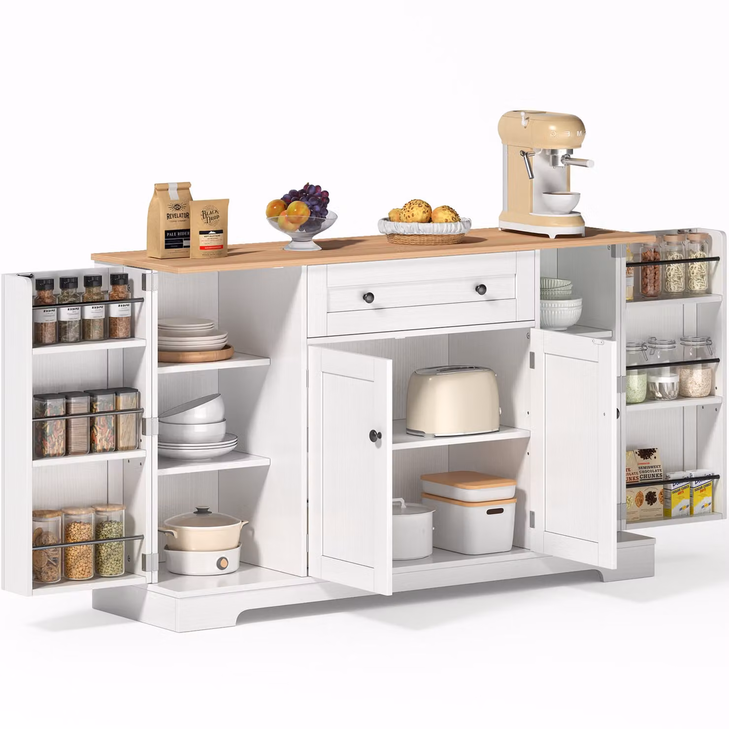 Credenza moderna, buffet da cucina, mobile multiuso, mobile di servizio con ampio spazio contenitivo, ripiani con sponde di protezione, supporto a muro con funzione anti-ribaltamento