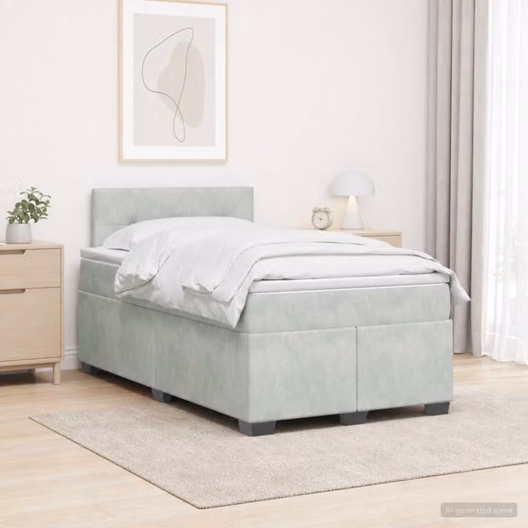 Letto a molle con materasso e illuminazione LED, colore grigio chiaro, 120 x 200 cm, rivestito in velluto