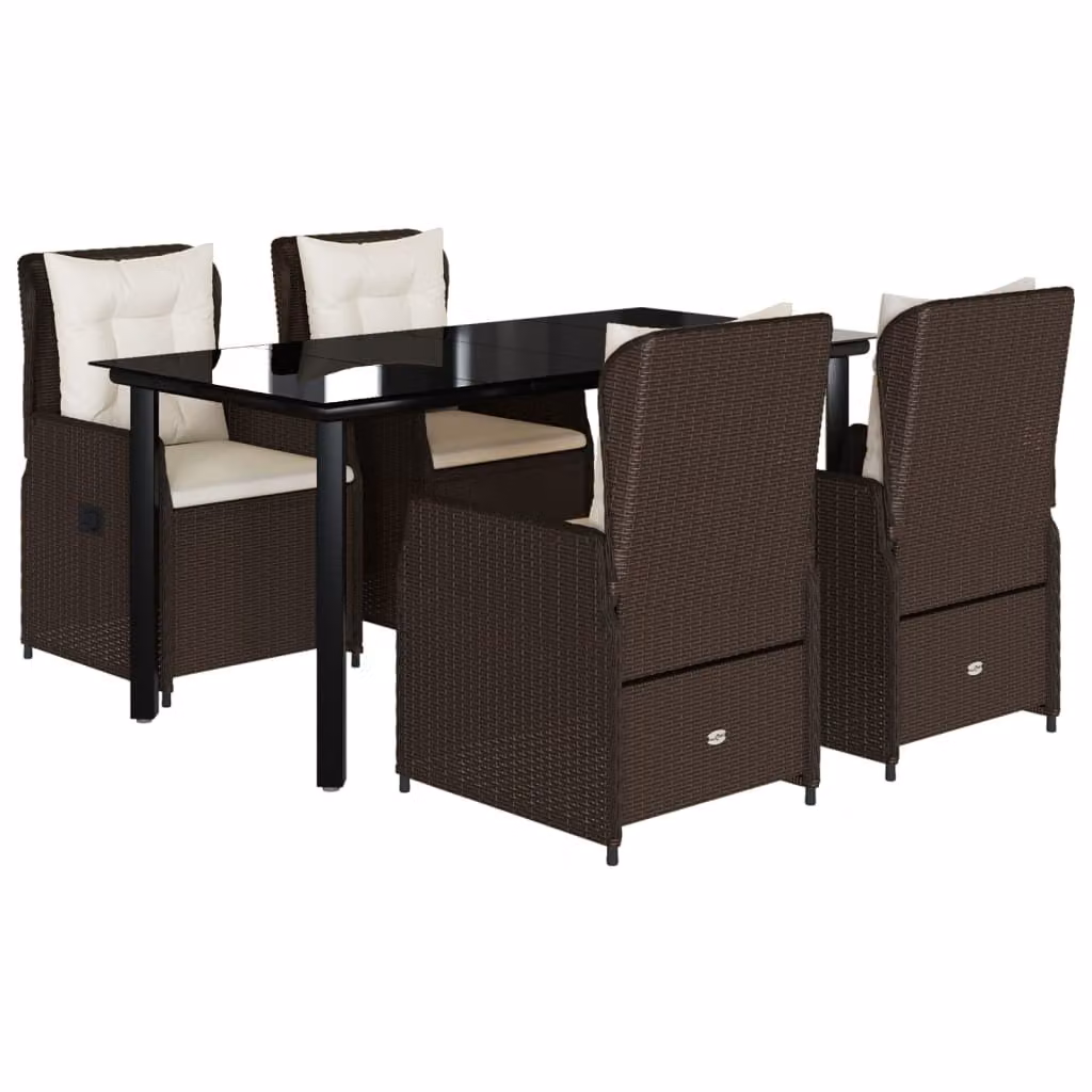 Set da Pranzo da Giardino 5pz con Cuscini in Polyrattan Marrone