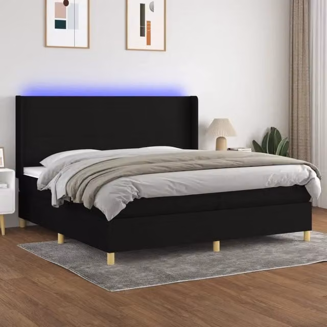 Letto a Molle Moderno vidaXL con Illuminazione LED e Porte USB in Tessuto Nero, L/P: 200 x 200 cm