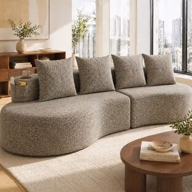 Divano moderno REDOM in lino beige con 4 cuscini e portabicchieri L: 240 cm, P: 109 cm, H: 60 cm – 1