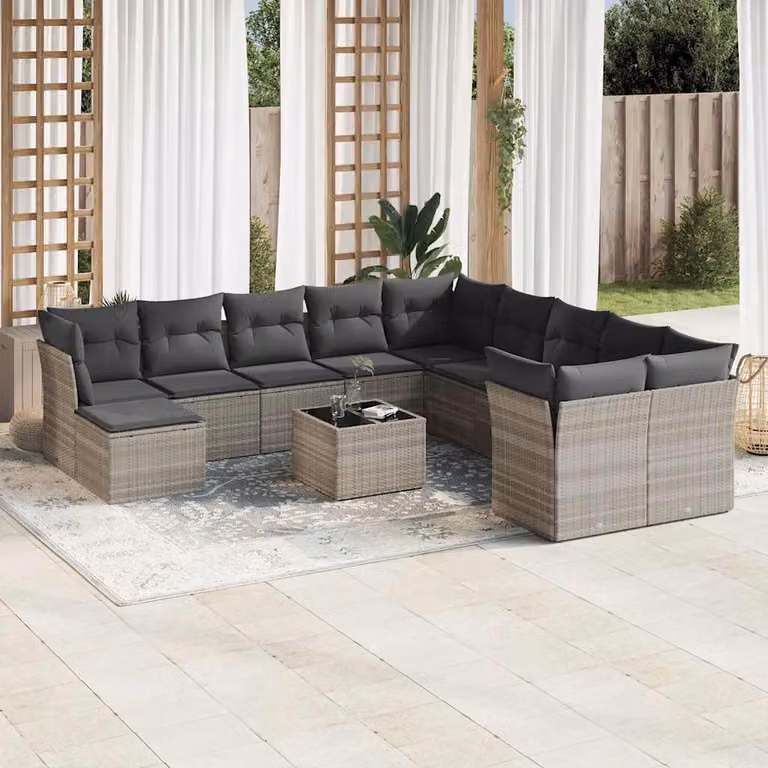 vidaXL Set Divano da Giardino a L 12 pz in Polyrattan Grigio con Cuscini e Tavolino