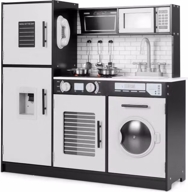 Set di cucina giocattolo Design Mania in legno con forno, lavatrice, microonde e dispenser d'acqua, colore nero e bianco, L/P/H: 80,5 x 36 x 82 cm