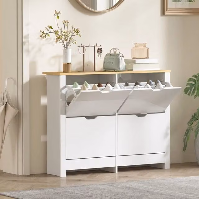 Scarpiera moderna Mivray in legno bianco opaco con ante a battente, cassetti interni e ripiani, L: 105 cm, P: 26 cm, H: 80 cm