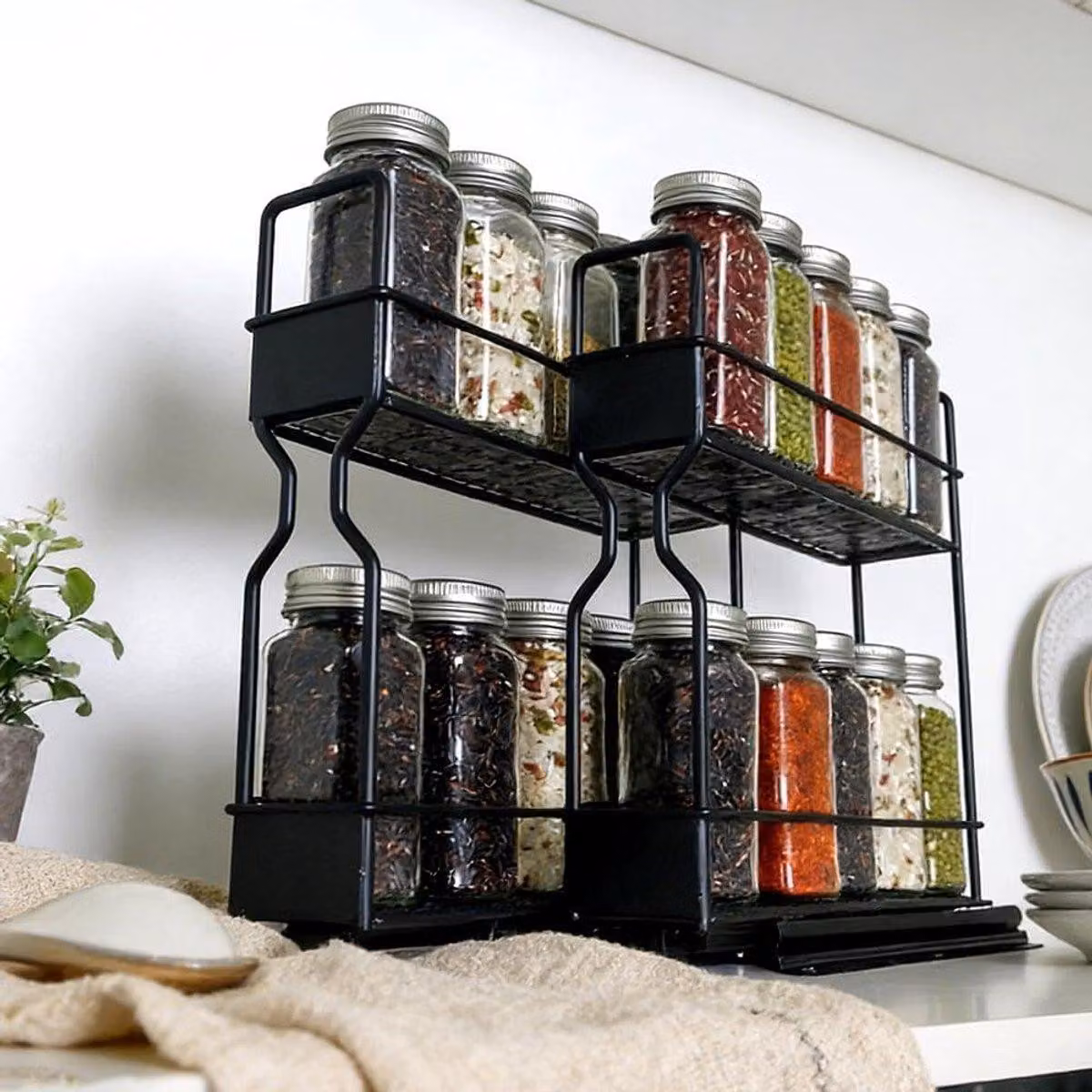Organizzatore per erbe aromatiche a 2 livelli, da fissare senza fori, scaffale metallico per mantenere la cucina ordinata, design multifunzionale per l'utilizzo nei cassetti