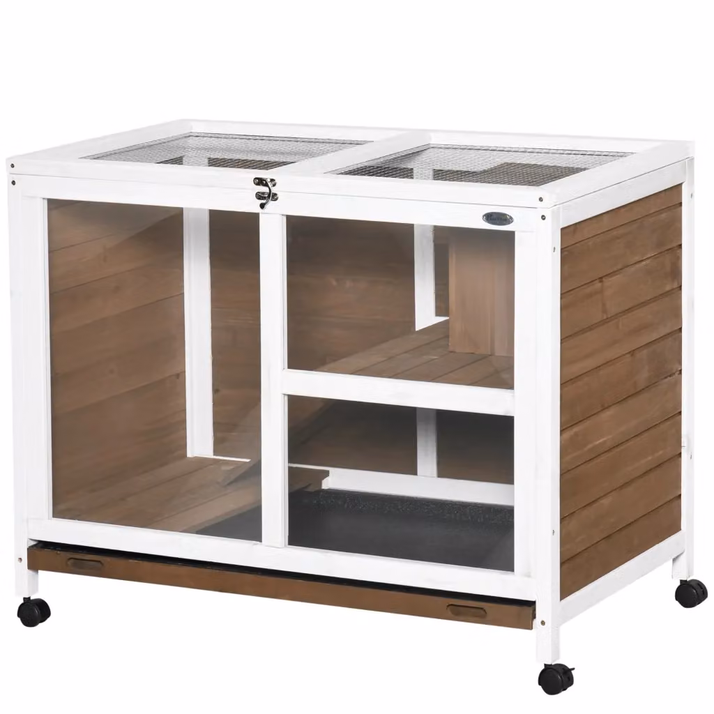 Gabbia per conigli a 2 piani in legno massello PawHut marrone L: 91.5 cm, P: 53.3 cm, H: 73 cm – 2
