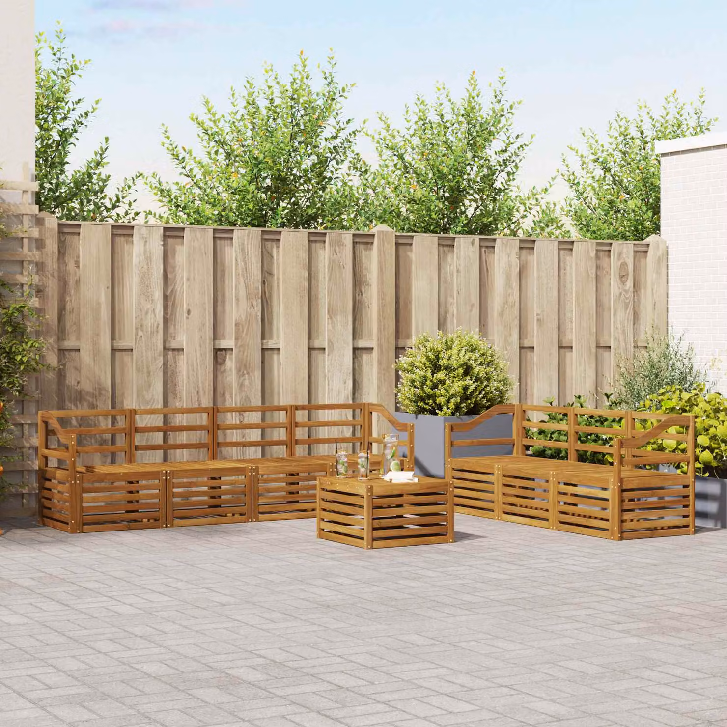 vidaXL Set divani da giardino a forma di U in legno di acacia massello marrone con 8 pezzi e cuscini inclusi