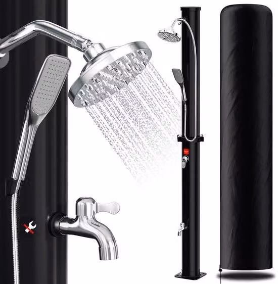 Doccia solare MERKLOOS da 35 litri con asta nera e contenitore per campeggio, L/P/H: 80 x 80 x 100 cm