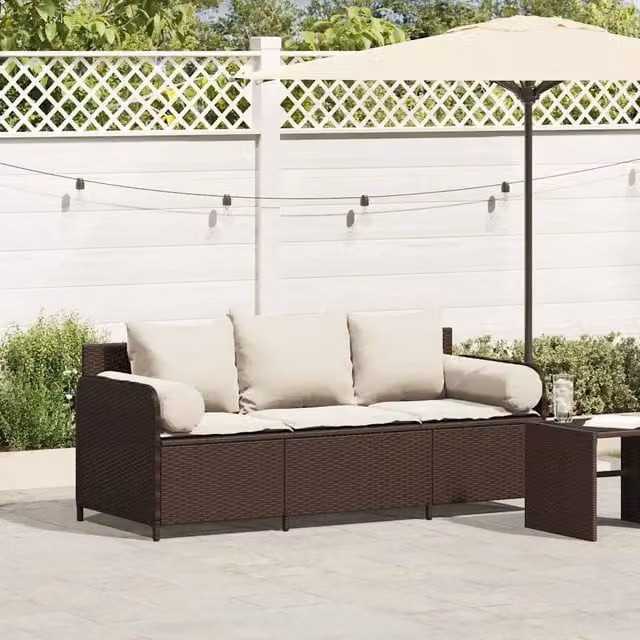Divano da Giardino a 3 Posti con Cuscini-Sofa da Giardino-Divano da esterno in Polyrattan Marrone 922196