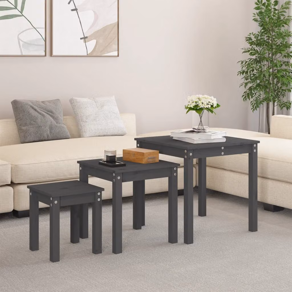 Set di 3 tavolini a incastro vidaXL in legno massello di pino, colore grigio, design moderno per soggiorno o camera da letto
