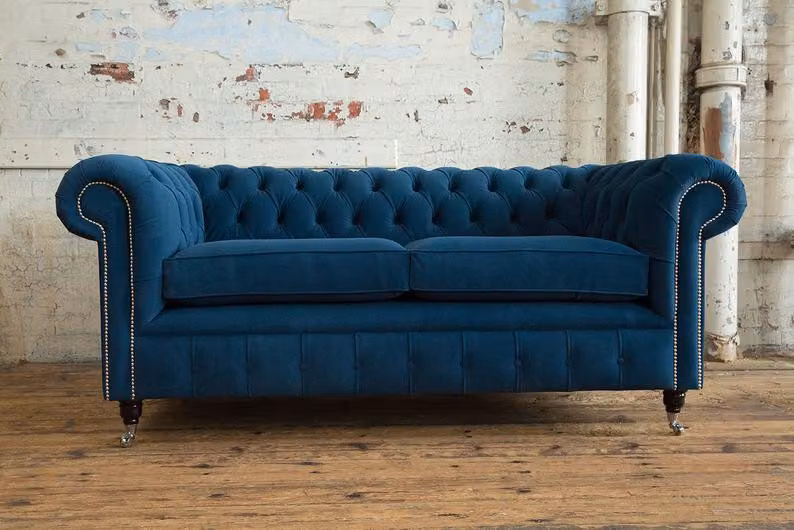 Blaue Chesterfield Couch Textil Polster Sitz Garnitur Sofa Stoff Sofas 3 Sitzer