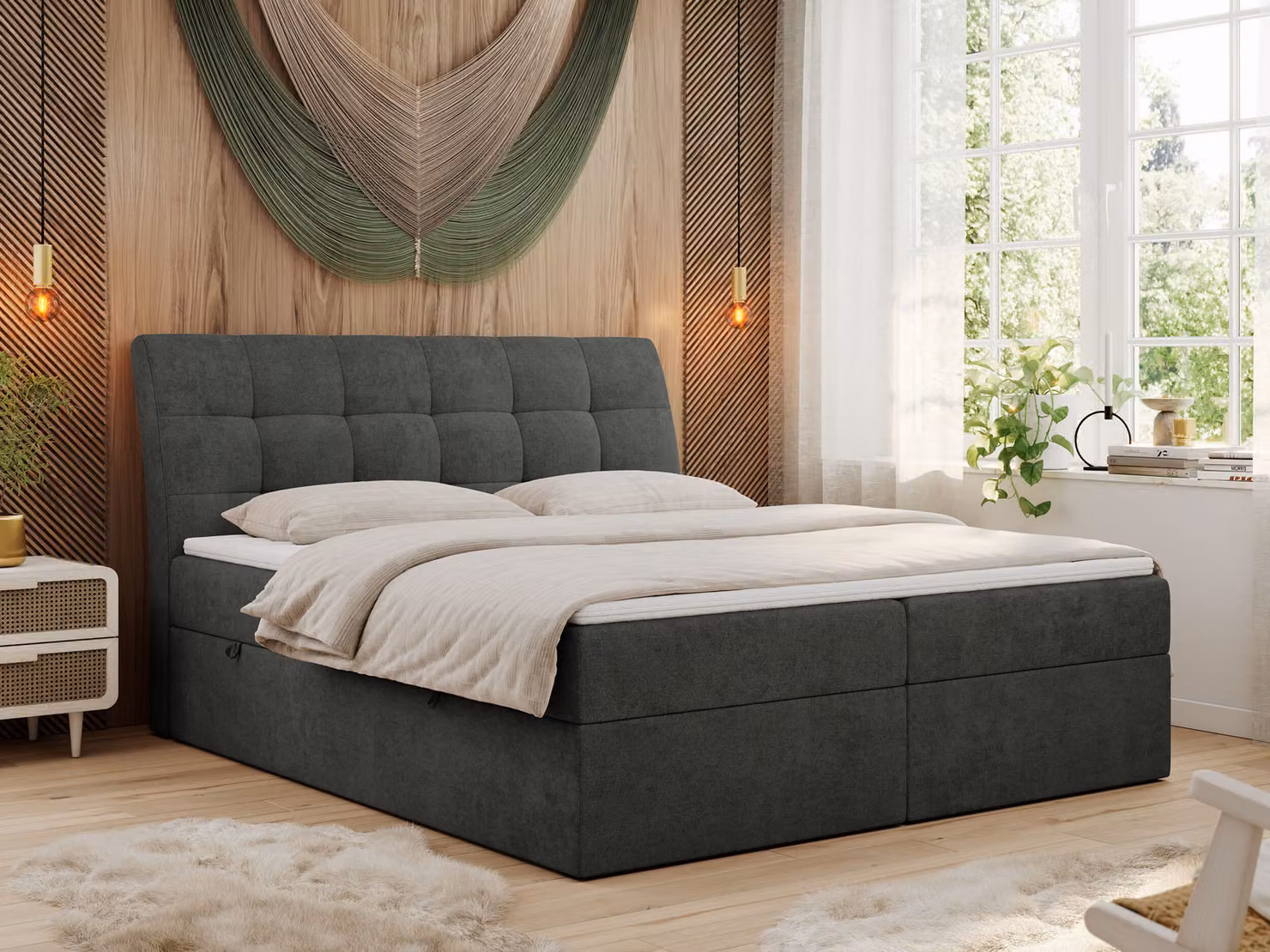 Letto con boxspring 120x200 con materasso, letto con sistema a molle insacchettate, materasso H3 e topper. Letto imbottito 120x200 con contenitore e testiera, modello DIEGOS - 120x200 - Grigio scuro - Struttura - H3
