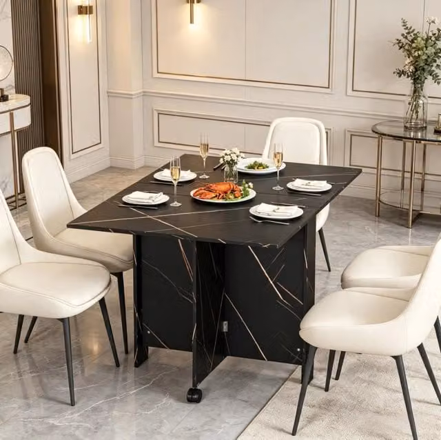 Tavolo da pranzo pieghevole effetto marmo nero con ruote