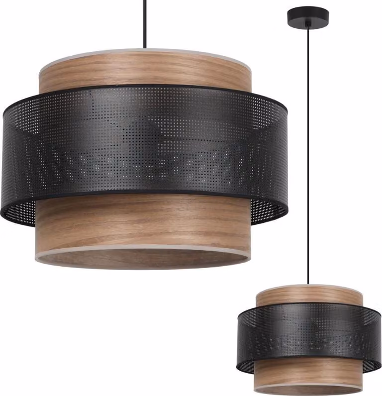 Legno Trio lampada a sospensione nero 1 luce paralume impiallacciato noce reticolo