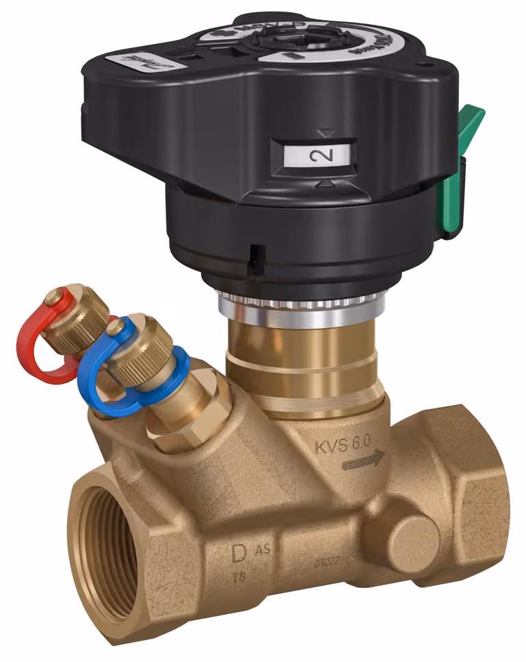 Valvola di regolazione termostatica Danfoss, DN50, G2", con raccordi per misurazione, portata Kvs 40 m³/h, pressione nominale PN20, per impianti di riscaldamento, 1 pezzo.