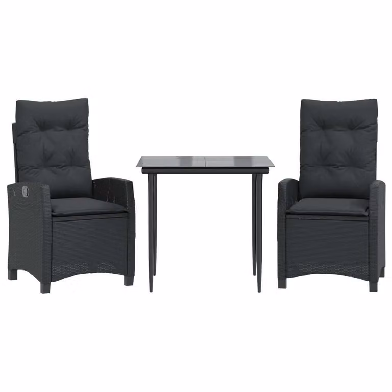 Set da Pranzo da Giardino 3 pz con Cuscini Nero in Polyrattan
