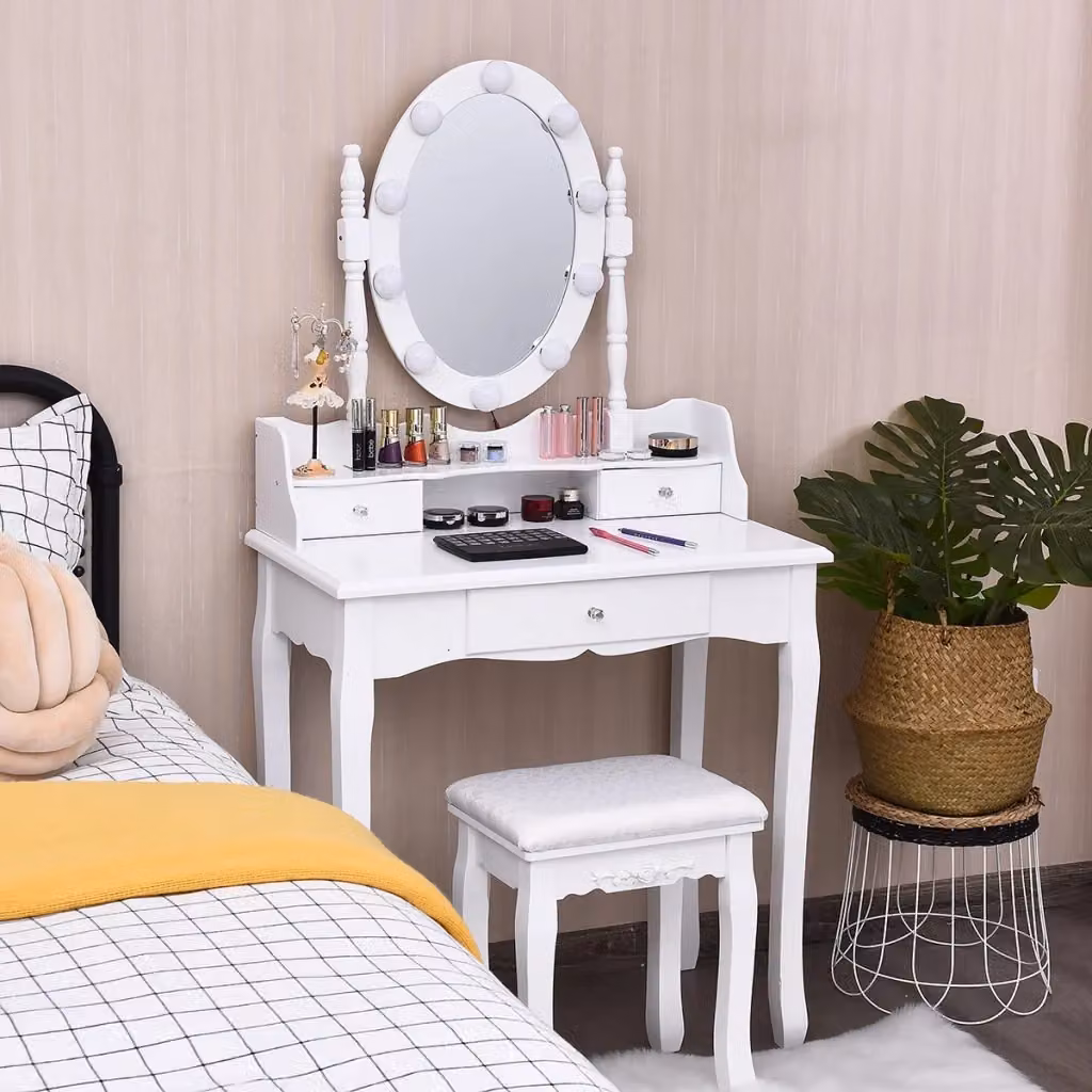 Toeletta Design Mania con specchio ovale e 10 luci LED, tavolo da trucco bianco lucido con 3 cassetti, L: 143.5 cm, P: 40 cm, H: 75 cm – 2