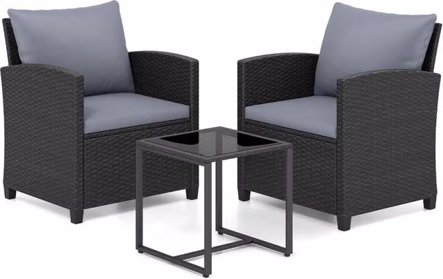 Set mobili da giardino a 3 pezzi con 2 poltrone e 1 tavolino in vetro temperato, Salotto da esterno in rattan PE Nero+Grigio