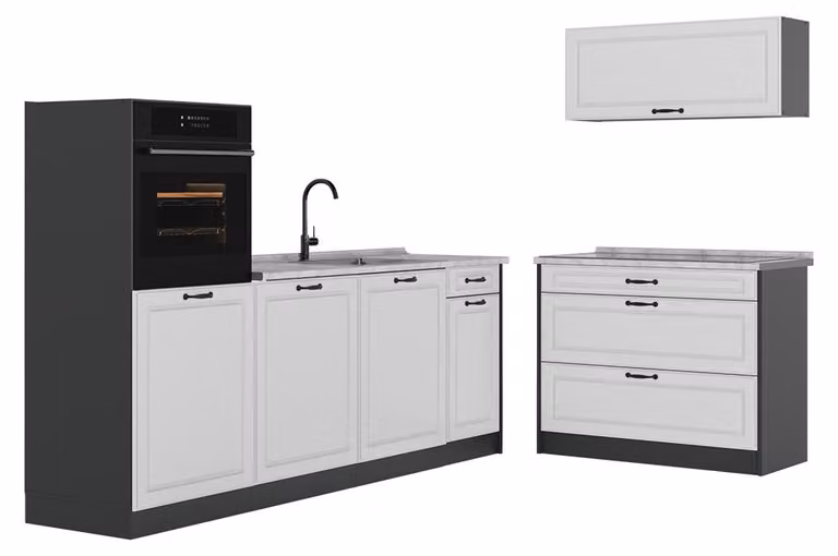Cucina componibile Vicco R-Line Bianco country/Antracite 220 cm piano di lavoro Marmo, Model 68120