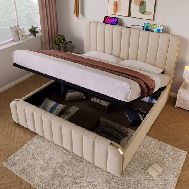 Letto contenitore matrimoniale 180 × 200 cm con USB, porta Type-C e materasso incluso, in lino beige