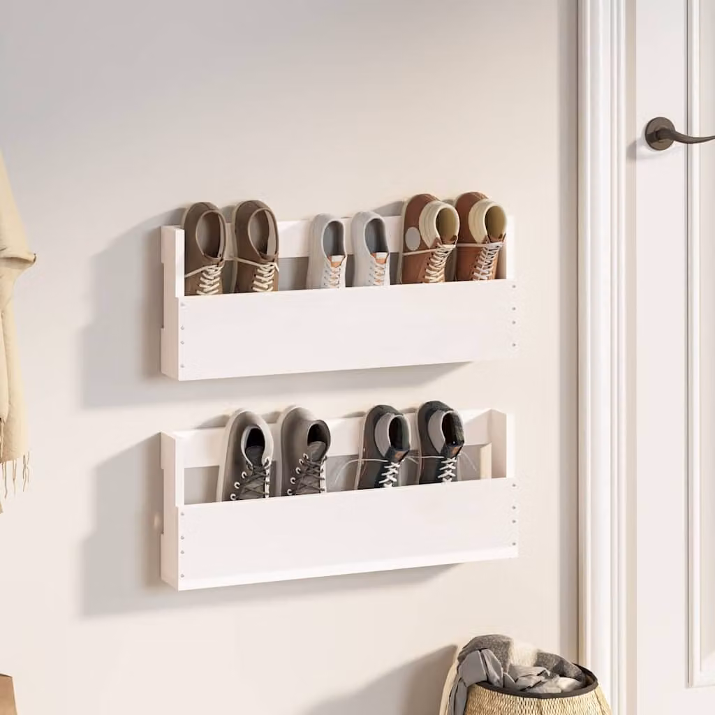 Set di 2 scarpiere da parete vidaXL in legno massello di pino bianco L 59 cm, P 23 cm, H 9 cm