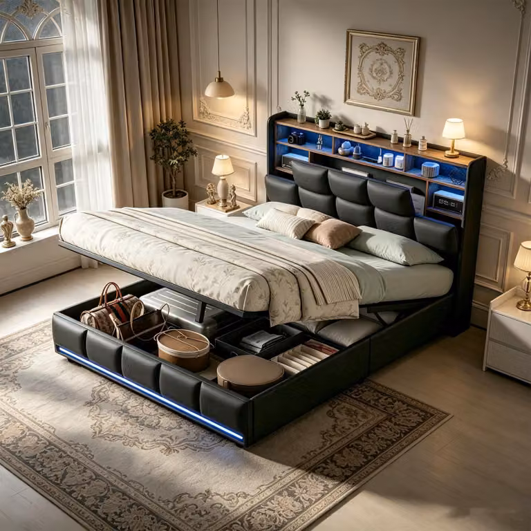 Letto imbottito INONEFT 160x200 cm con LED e USB, letto matrimoniale, letto con sistema di sollevamento idraulico e spazio contenitore, rete a molle, letto per ragazzi, in PU, colore nero