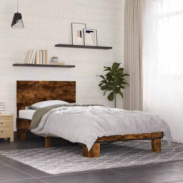 Struttura letto con testata e giroletto in Rovere Fumo con doghe in legno, L 80 x P 200 cm – 1