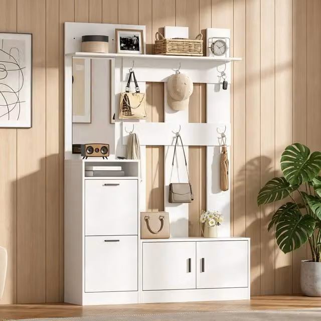 Set di mobili da ingresso con scarpiera a ribalta specchio ganci e panca in MDF bianco 120 × 30 × 180 cm