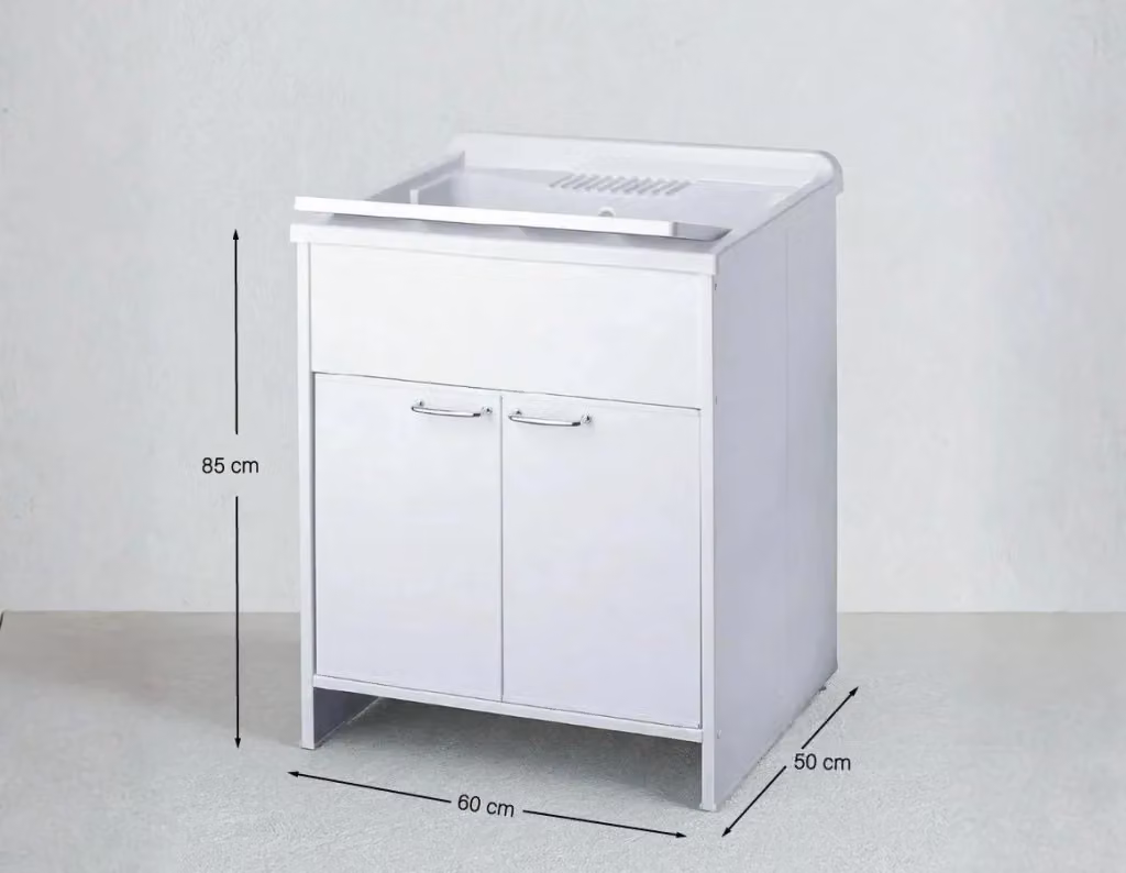 Mobile Lavatoio NEXA 60 Lavapanni in PVC con Vasca e 2 Ante, Bianco, L: 60 cm, P: 50 cm, H: 85 cm – 2
