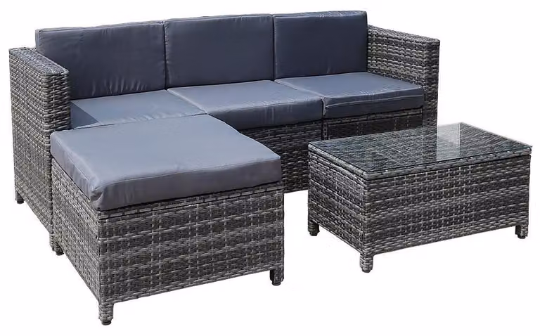Set divano da giardino in polyrattan, sgabello, tavolo, salottino, grigio, mobili in rattan, lettino