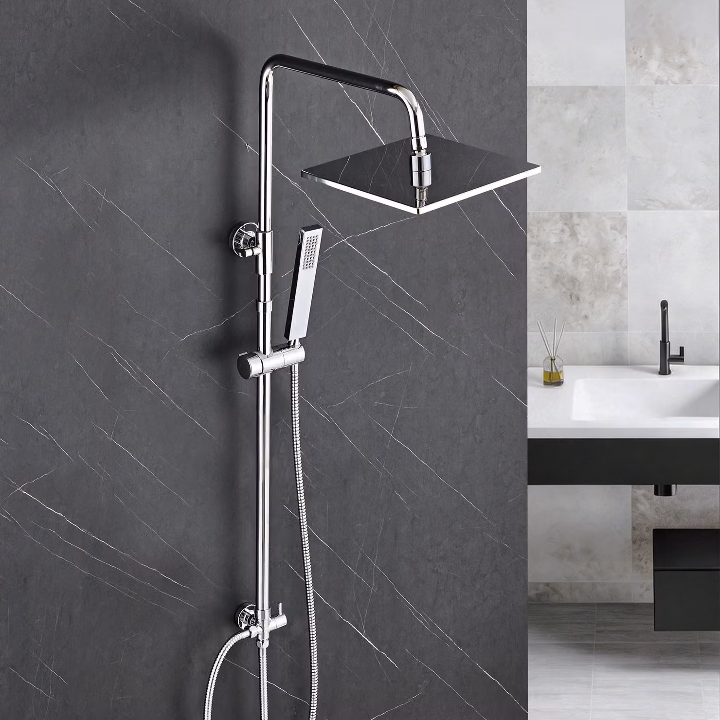 Sistema doccia a pioggia JOHO in acciaio inox senza rubinetteria, asta doccia regolabile in altezza 74-114 cm, doccetta in acciaio inox, soffione 20x20 cm cromato