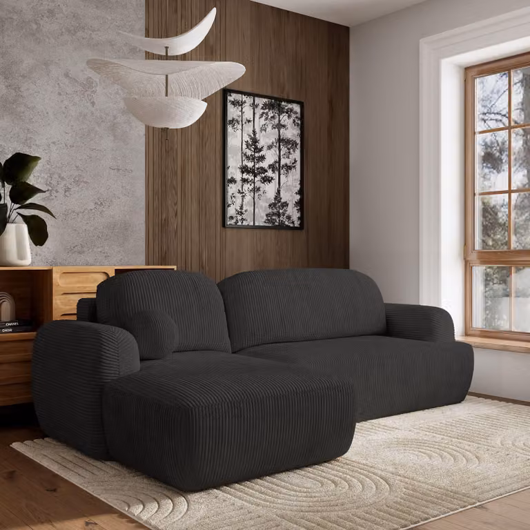 Divano angolare Masseno MODENZA P L-S con funzione letto a L, divano con box letto, divano da soggiorno, divano, divano letto, set divano - nero, POSO 135