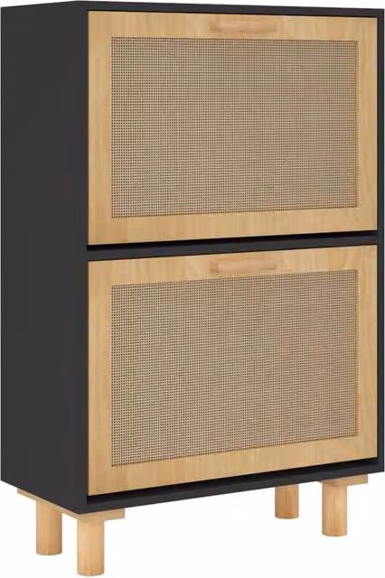 Scarpiera mobile contenitore in stile scandinavo con dettagli in rattan e legno, colore nero, ideale per ingresso, corridoio o soggiorno, L: 52 cm, P: 25 cm, H: 80 cm – 1